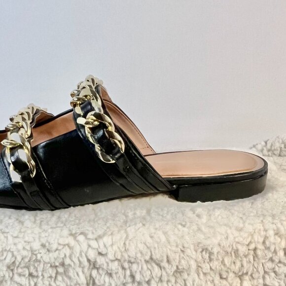 Linea Paolo Aurel Mules | Black Pointed Toe Flats w/ Double Chain | Size 8.5 - Picture 7 of 16